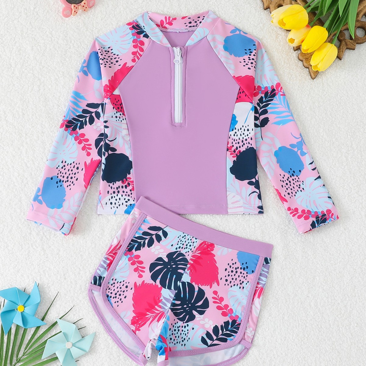 Rash Guard Long Sleeve - Girls Leaf Print 2 Piece Rash