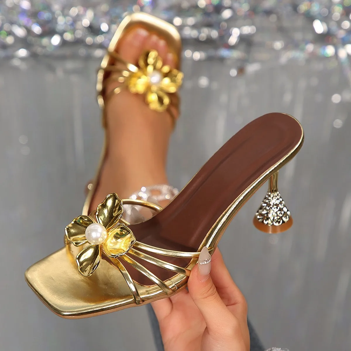 Summer Clothing Stores - Vintage Metal Flower Crystal Cone Heel