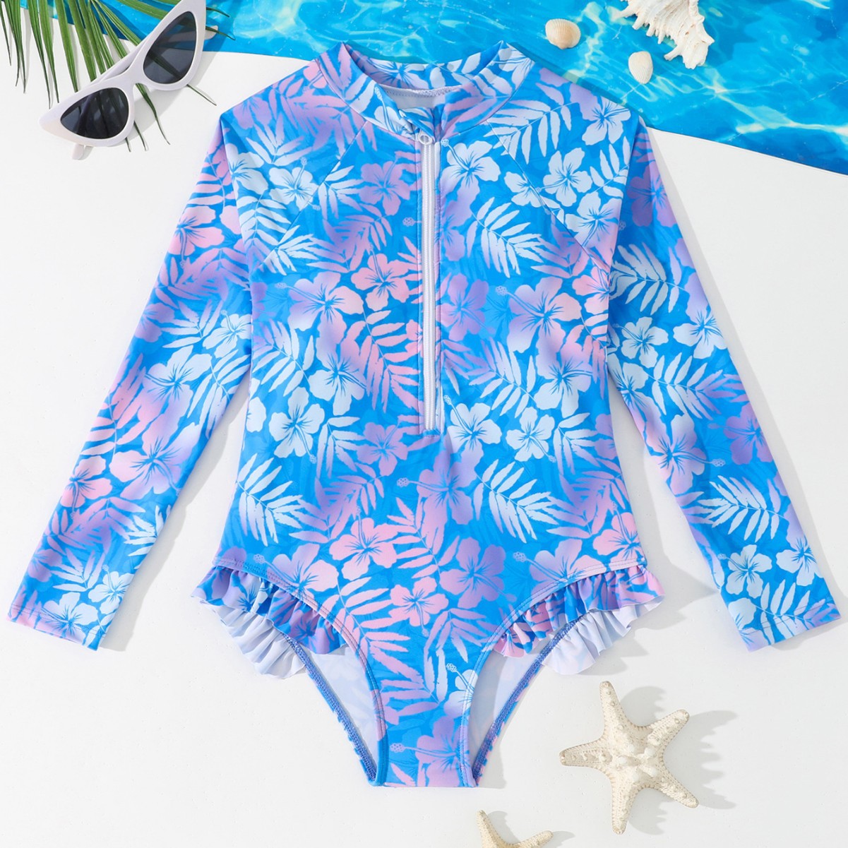 Rash Guard Long Sleeve - Girls Gradient Hibiscus Print Long Sleeve