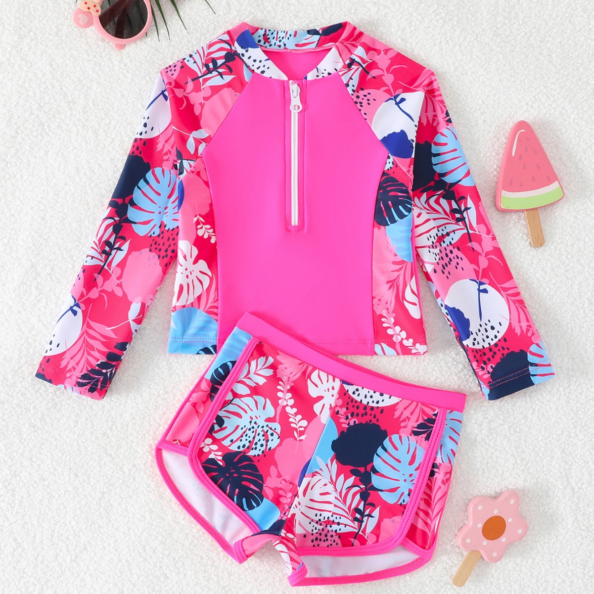 Girls Leaf Print 2 Piece Rash  - đánh giá và giá Rash Guard Long Sleeve